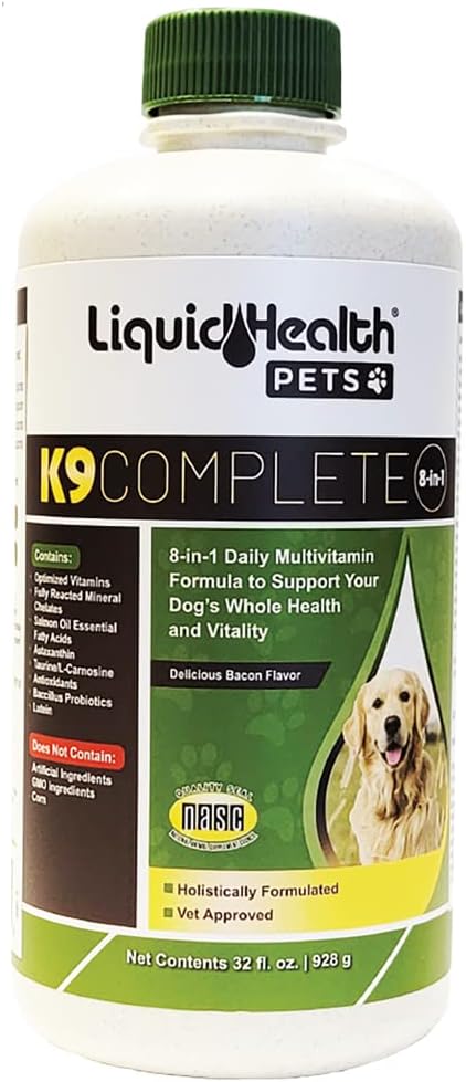 LIQUIDHEALTH Haustiere K9 Komplettes 8-in-1 Flüssiges Multivitamin für Erwachsene Senior Dogs & Welpen, All in One Complete Formula Canine Vitamins for Skin & Coat, Joint Health, Immune Support - USA Made (32 oz)