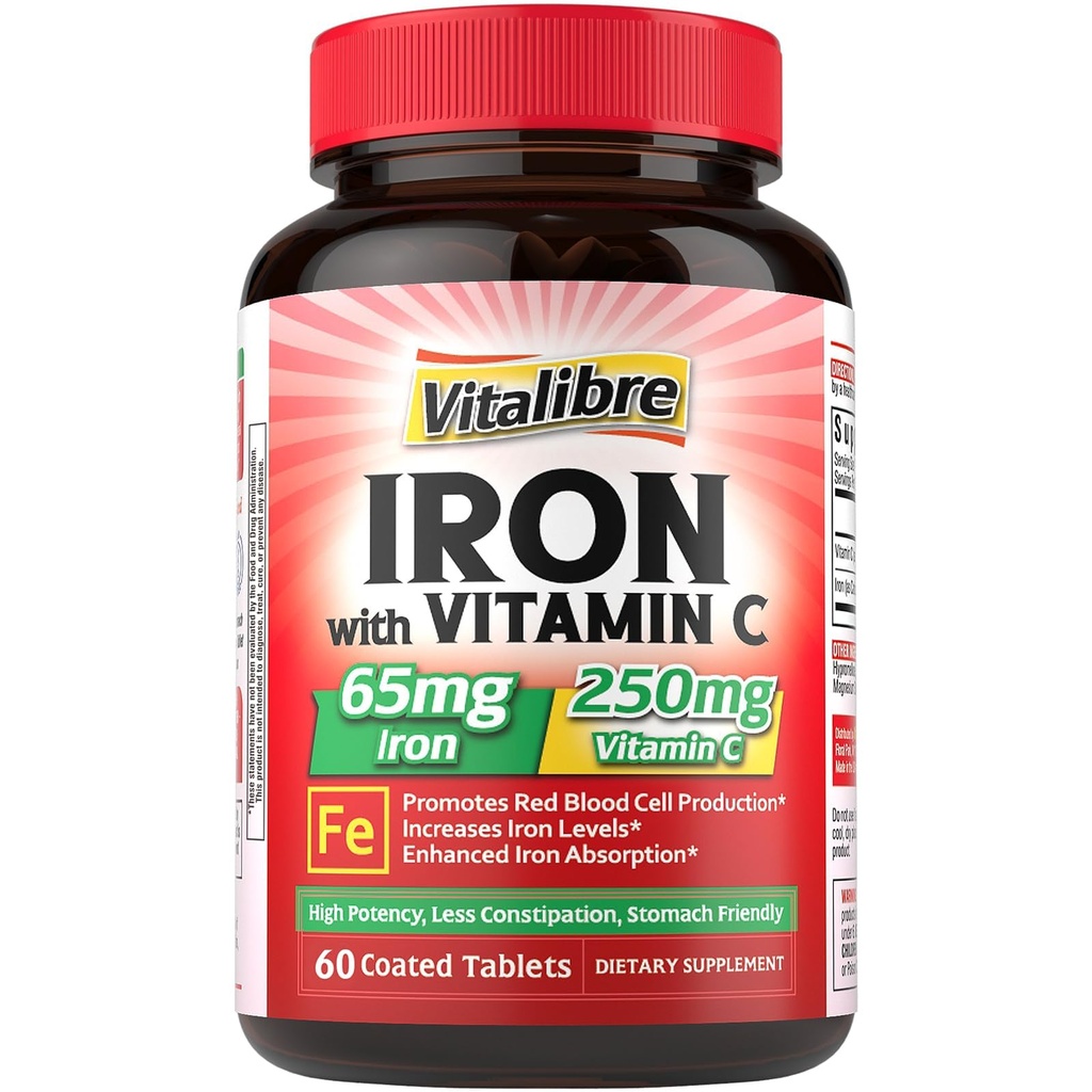 Iron Supplement, 65mg Carbonyl Iron with 250mg Vitamin C, Stomach Friendly Iron Pills for Blood Building Women & Men, High Absorption, No Nausea, No Constipation, Non-GMO, No Gluten, 60 Vegan Tabs