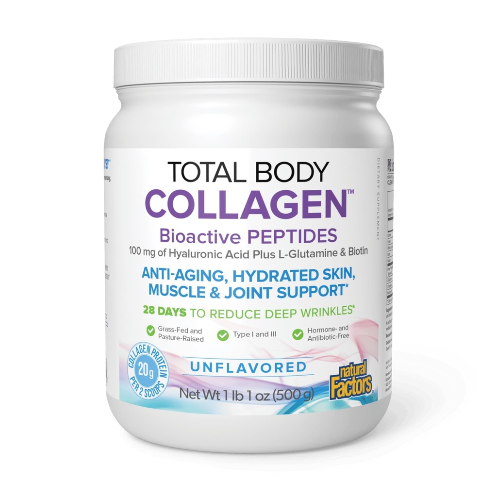 Natürliche Faktoren Total Body Collagen - bioaktive Collagen-Ergänzung für Haar- und Nagelwachstumsunterstützung - Gesunde Hautergänzung mit Protein, Vitamin C & More - Unflavored, 500 g (38 Servietten)