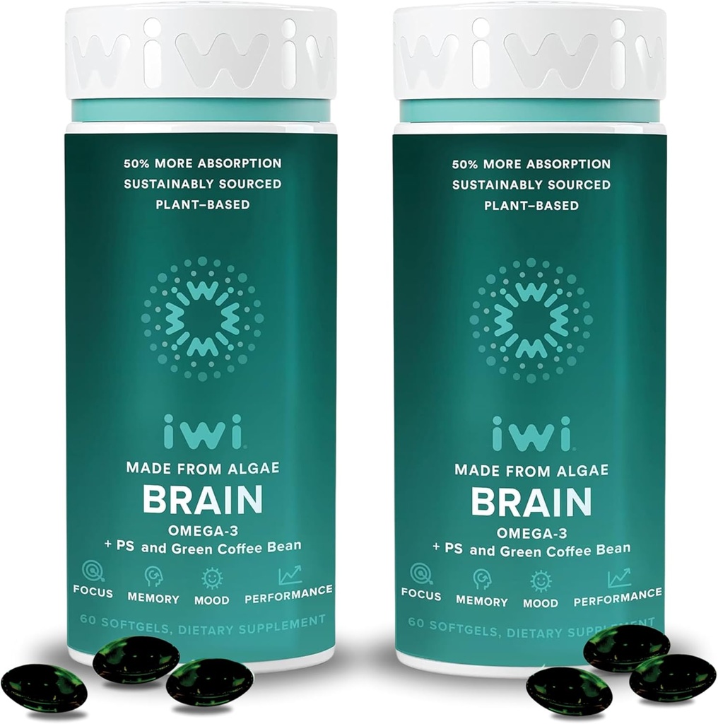 iwi life Brain Omega-3, 120 Softgels (60 Servierungen), Vegan pflanzenbasierte Algen Omega-3 mit EPA + DHA, Fokus, Gedächtnis und Stimmung Unterstützung Nahrungsergänzung, Krill & Fisch Öl Alternative, keine Fishy Nachgeschmack