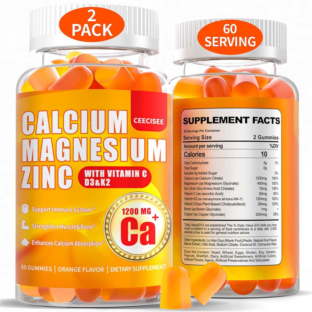 Calcium-Magnesium-Gummi für Frauen Männer: 1200mg Kalzium-Zitrat Zink-Gummi mit Vitamin C D3 K2 - Vegan-Zusatzstoff frei Kaubare hohe Absorption Enegy Immununterstützung (120Count)