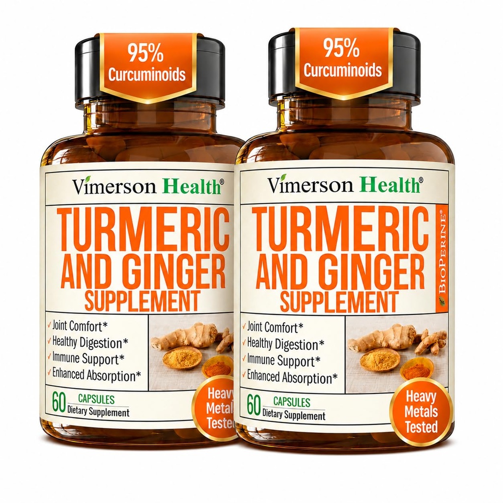 Turmeric and Ginger Supplement with Organic Tumeric for Daily Joint Support, Digestive & Immune Health w/Ginger & Black Pepper Extract (BioPerine) for Enhanced Absorption – Non-GMO – 60 Caps, 2 Pack