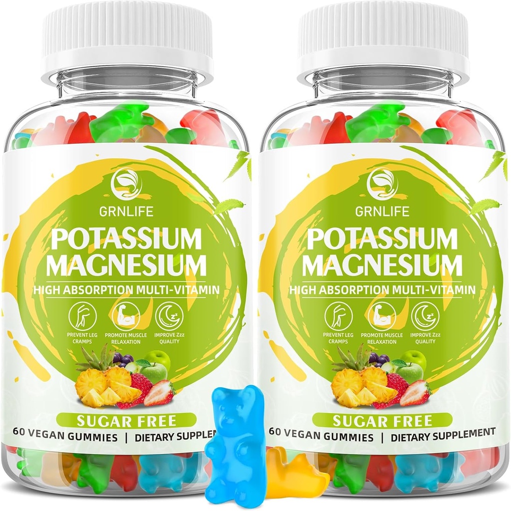 Kalium-Magnesium-Ergänzungsgummis, Kalium-Gummi-Gummi für Erwachsene Kinder, hohe Absorption Magnesium-Glycinat für Leg Cramps & Immun-Gesundheit, Sugar-Free, Vegan gemischte Flavors, 120 Count