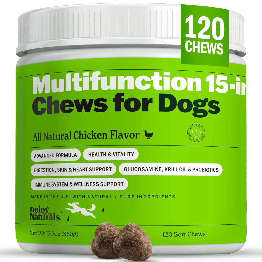 Deley Naturals 15 in 1 Multivitamin für Hunde - Komplette Hunde-Vitamine und Ergänzungen für Immununterstützung, Gelenk, Haut, Verdauung, Herz & Gesamtgesundheit - Tägliche Multifunktions-Ergänzungen - 120 Chews
