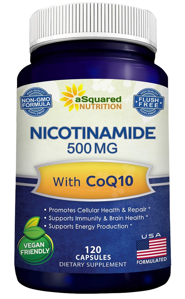 Nicotinamide with CoQ10 (120 Capsules) - Vitamin B3 500mg (Niacinamide Flush Free) - Coenzyme Q10 Powder - VIT B-3 & Coq 10 Supplement Pills to Support Energy, NAD, & Skin Cell Health