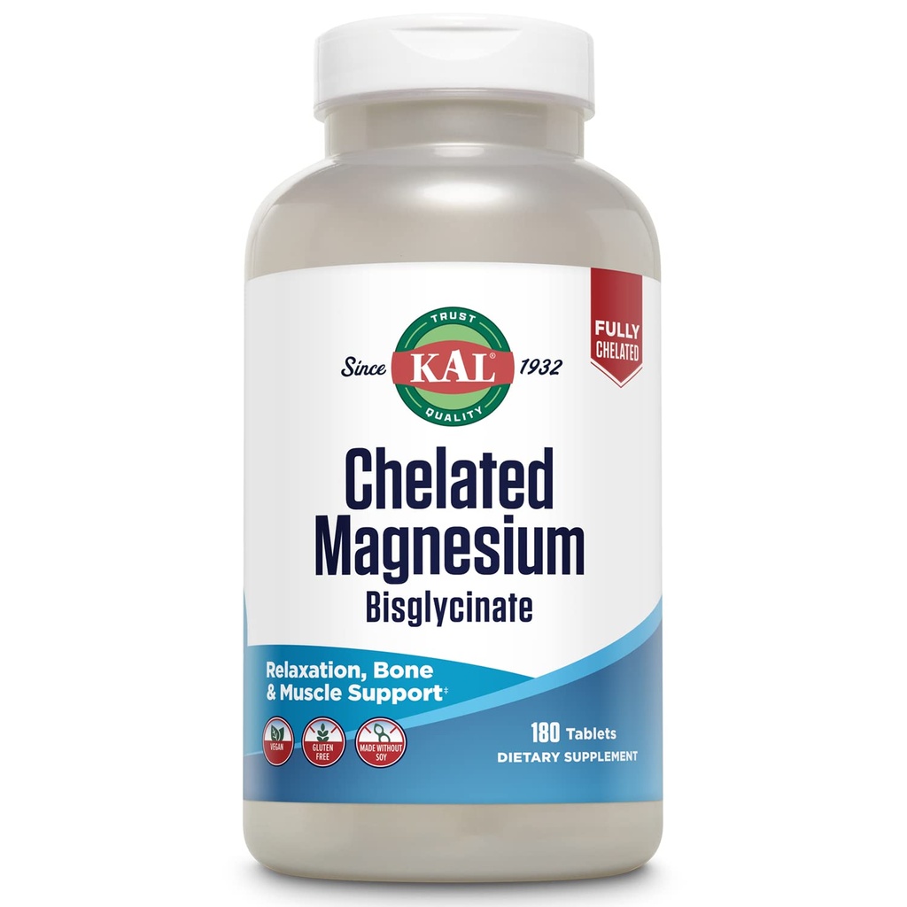 KAL Chelat Magnesium Bisglycinat, Magnesium-Ergänzung für Entspannung, Knochengesundheit, Nerve & Muskel-Funktion Unterstützung*, hohe Absorption, gesunde Verdauung, Vegan, Glutenfrei, 60 Servierungen, 180 Tabletten