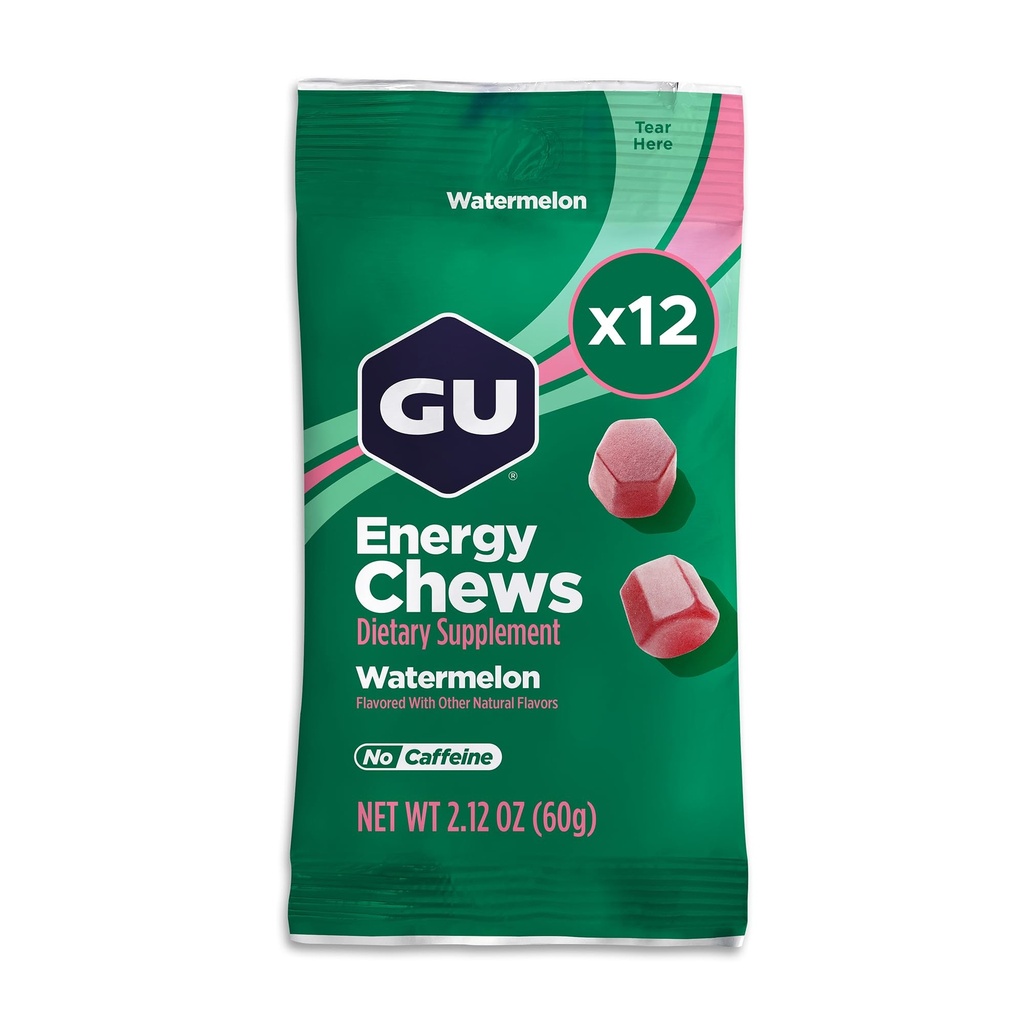 GU Energy Chews, Watermelon Energy Gummis mit Elektrolyten, Vegan, Gluten-Free, Kosher, Koffeinfrei, und Dairy-Free On-The-Go Energie für jede Workout, 12 Taschen (24 Portionen insgesamt)