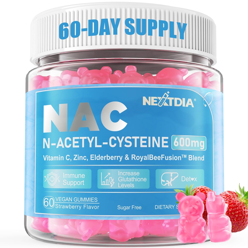 Nextdia NAC Gummi für Kinder & Erwachsene, Kaubare N-Acetyl Cystein Supplement 600mg 1000mg w/Vitamin C, Zink, Elderberry für Antioxidantien & Immununterstützung, Lung & Liver Gesundheit, Sugar Free, 120 Ct