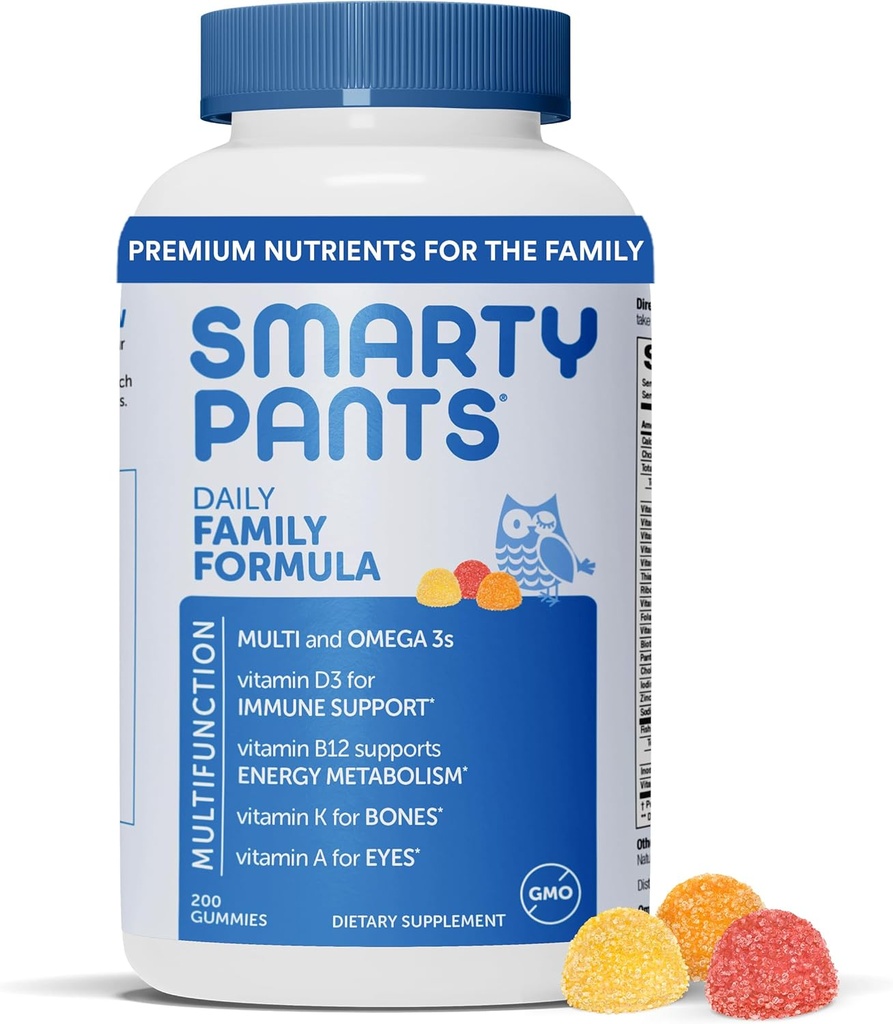 SmartyPants multivitamin férfiaknak, nőknek és gyermekeknek: Gummeum-vitamin Omega 3 halolajjal (EPA / DHA), metil-folát, D3-vitamin, C-vitamin, B12-vitamin, B6, A-vitamin, K & Cink, 200 gróf (30 napos ellátás)