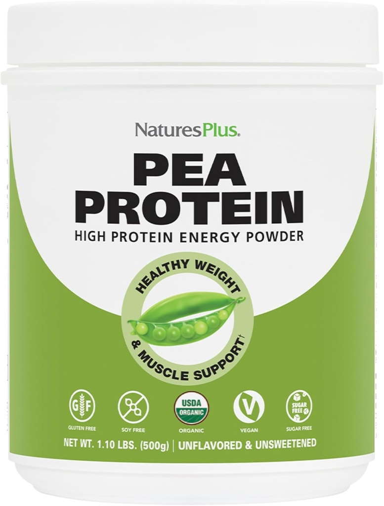 Natures Plus Organic Pea Protein - 1,1 lbs, Vegan Drink Powder - High Energy Protein, Hunger Suppressant, Muskelaufbau, fördert Herzgesundheit - Non-GMO, Vegetarisch, Glutenfrei - 25 Servierungen