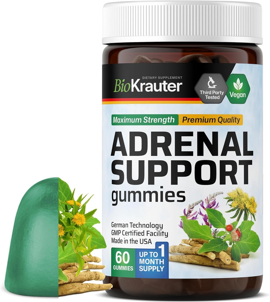 BIO KRAUTER Adrenal Support Gumies - 60 Chews - Rhodiola & Ashwagandha Gummees with Vitamins C, B6, B12 - Vegan Mood Support Supplement