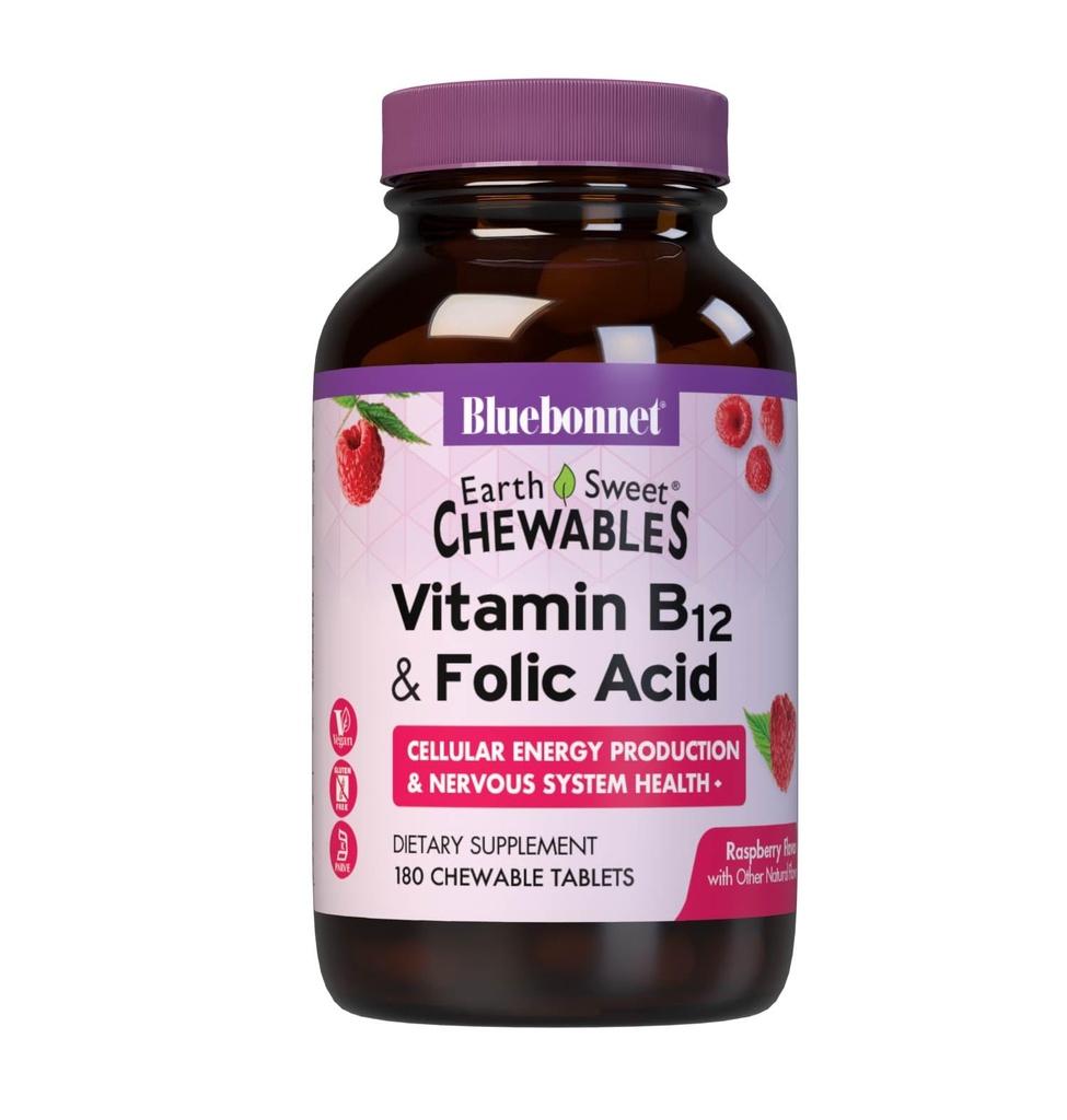BlueBonnet Nutrition Earth Sweet Vitamin B12 1000 mcg & Folic Acid 400mcg - Brain Health & Energy Vitamins for Women & Men - Vegan, Gluten-Free Raspberry B 12 Vitamin - 180 Chewable Tablets