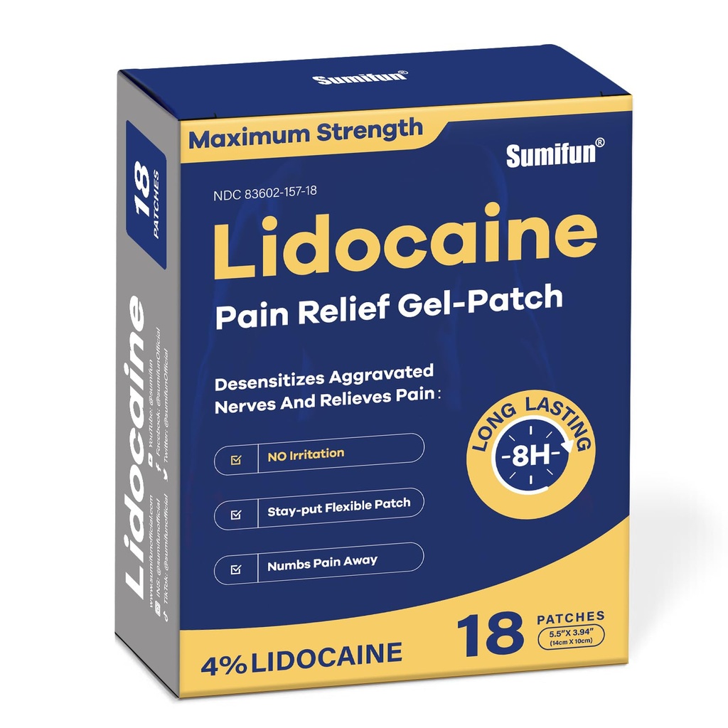 Sumifun 4% Lidocaine Pain Relief Patches - OTC Maximum Strength – Flexible & Long-Lasting, 18-Count Lidocaine Patches für Rücken, Neck, Muskel, Gelenkschmerzen - Unscented Pain Patch