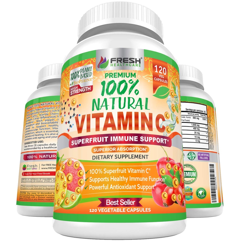 Frisches Gesundheitswesen 100% natürliches Vitamin C - 500mg von Rose HIPS, Acerola Cherry & Camu Camu - hohe Absorption Immununterstützung, Haut, Gelenk & Collagen Booster mit Citrus Biflavonoids - 120 Kapseln
