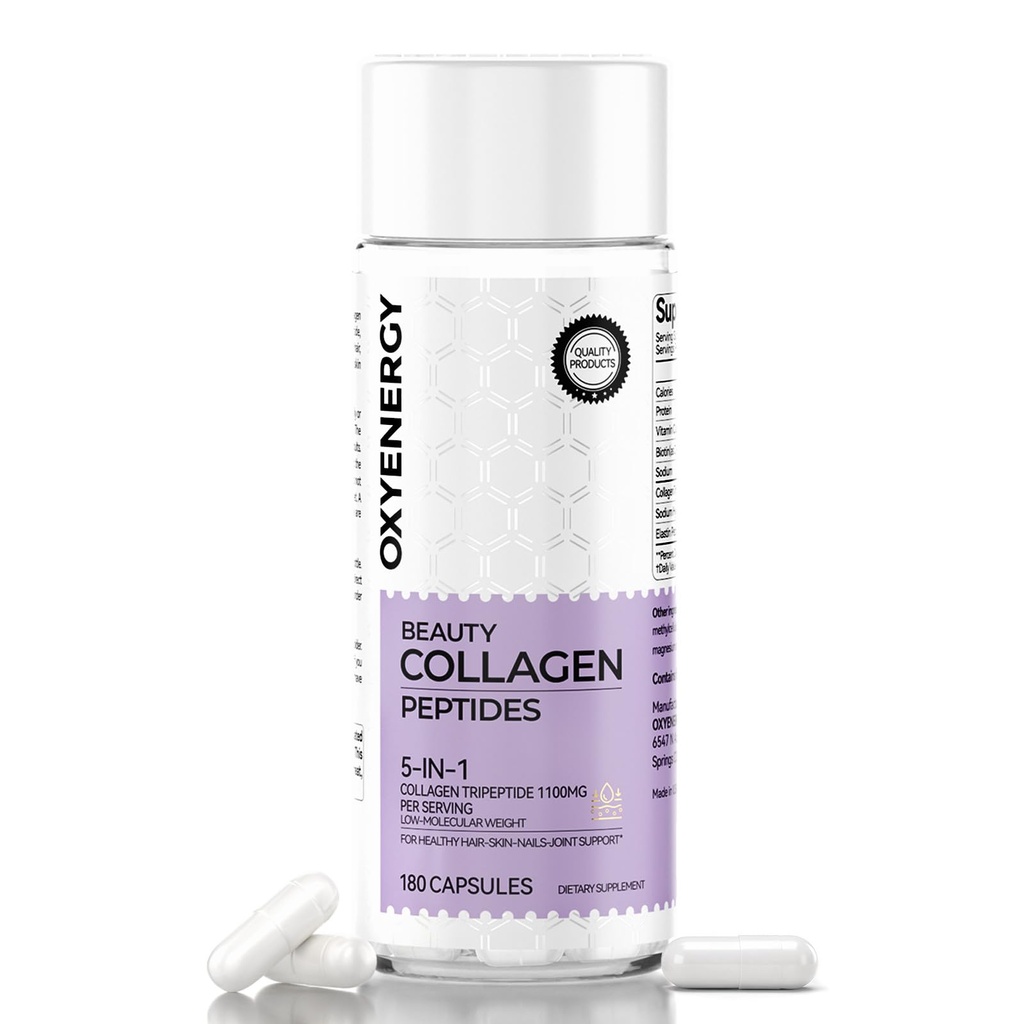 OxyEnergy Collagen Peptide Kapseln für Frauen, 1100mg hydrolysierte Collagen Tripeptide (Typen I) Ergänzungen mit Biotin und Vitamin C, 180 Collagen Pillen zu fördern Haare, Nagel, Haut, 2 Monate Versorgung