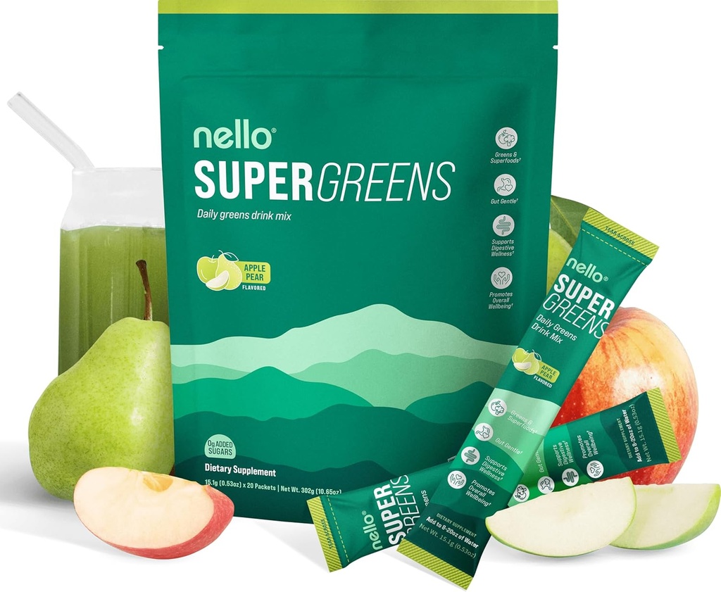 Nello Supergreens Superfood Drink Mix Chlorella, Moringa, Spinach, Brokkoli, Emésztő Enzimek, és probiotikumok - Apple Pear Flavor, 20 szerváció, utazási csomag