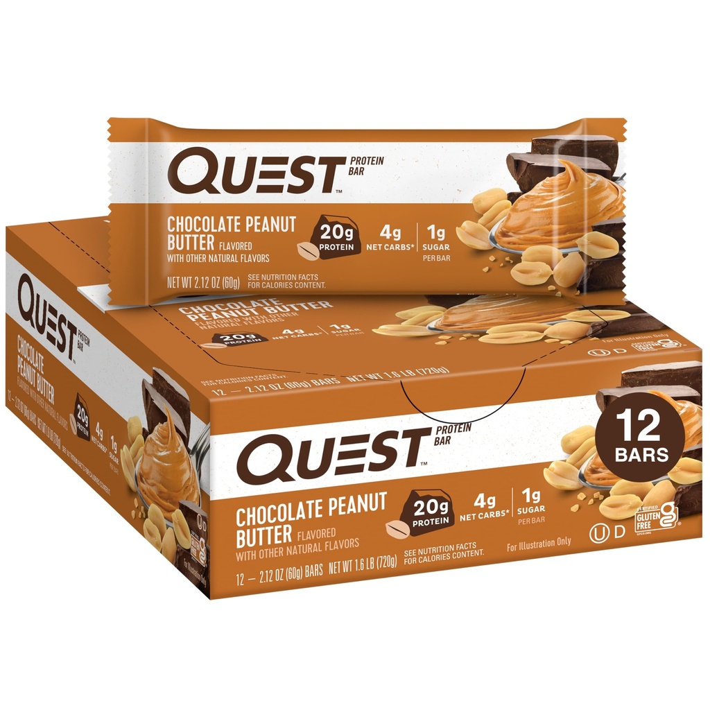 Quest Nutrition Chocolate Mogyoróvaj Bars, 20g Protein, 1g Sugar, 4g Net Carb, Gluten Free, Keto Friendly, 12 gróf