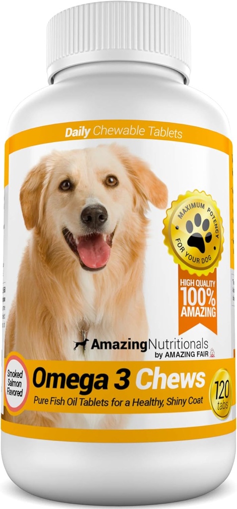 Erstaunlich Omega 3 für Hunde - Omega 3 Fischöl für Hunde Beilage für juckende Hautentlastung für trockene Haut und Hot Spots und Shedding Mantel mit EPA und DHA Fettsäuren - 120 Salmon Flavor Chews