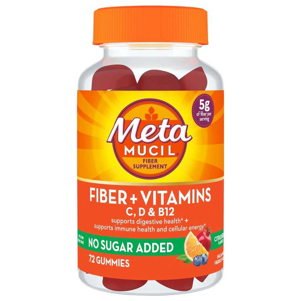 Metamucil Fiber Suplement 72 Gummis, Fiber + Vitamine C,D & B12 kein Zucker hinzugefügt, Unterstützung Verdauungsheilmittel + Unterstützung Immungesundheit, Citrus Berry Flavor.