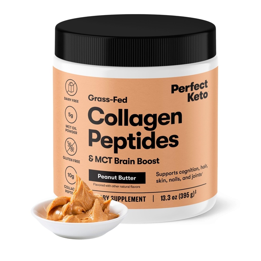 Perfect Keto Collagen Peptides Protein Pulver mit MCT Öl, hydrolysiertes Kollagen, Typ I & III Supplement, Glutenfreies Gras Fed, Low Carb, Keto Coffee Creamer, Kollagen für Frauen & Männer, Peanut Butter
