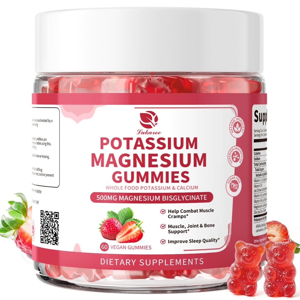 Magnézium-kálium-kiegészítő gumik - New Formula-nyugalom Magnézium-glicinát Gummies & Kálium-citrát 200 mg Plus Omega 3, B6, D3, K2 & Kalcium Zzz, Leg Cramps & Muscle - 120