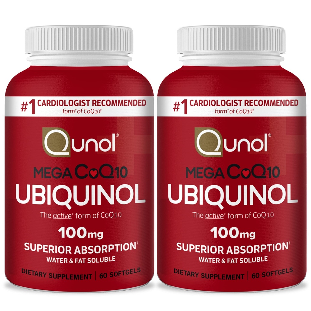 Qunol Mega Ubiquinol Coq10 100mg, Überlegene Absorption, patentiertes Wasser und Fett lösliche natürliche Ergänzung Form von Coenzym Q10, Antioxidans für Herzgesundheit, 60 Softgels, Packung von 2