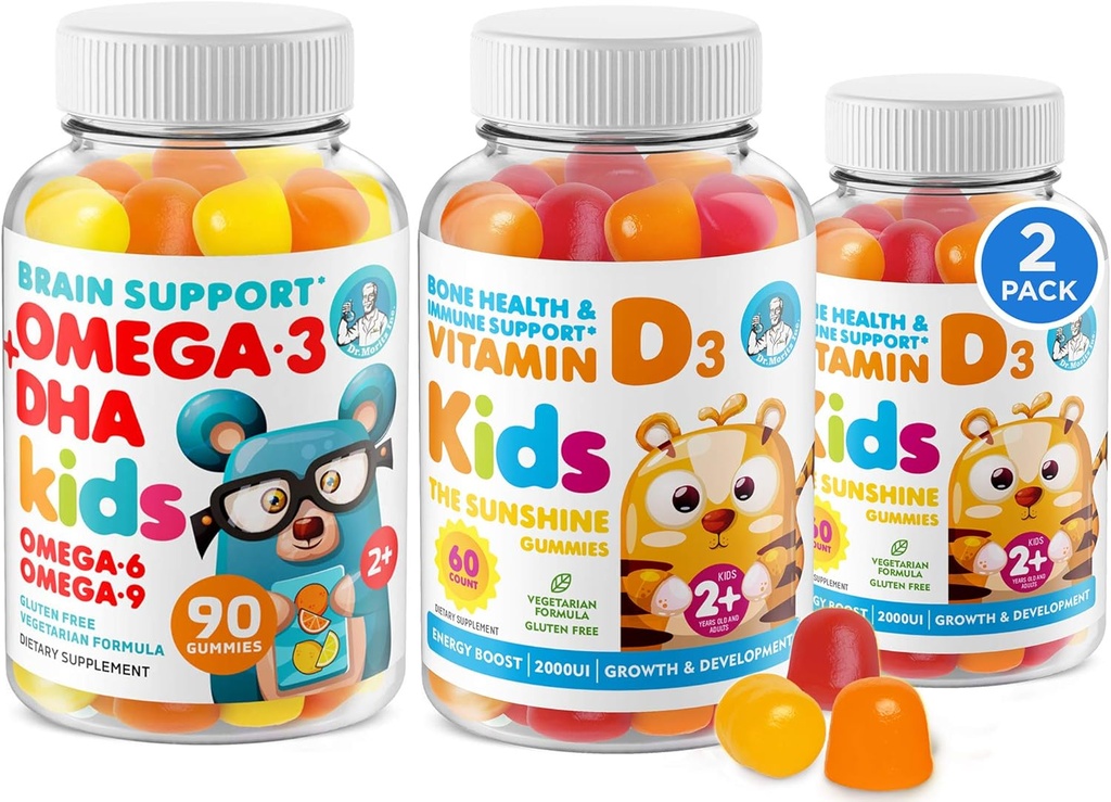 Omega 3 DHA Gummie und Vitamin D Gummie für Kinder & Erwachsene - Kein Fischöl und Gluten freie Immun-Gesundheit Pflanze basierte Faser Kaubare