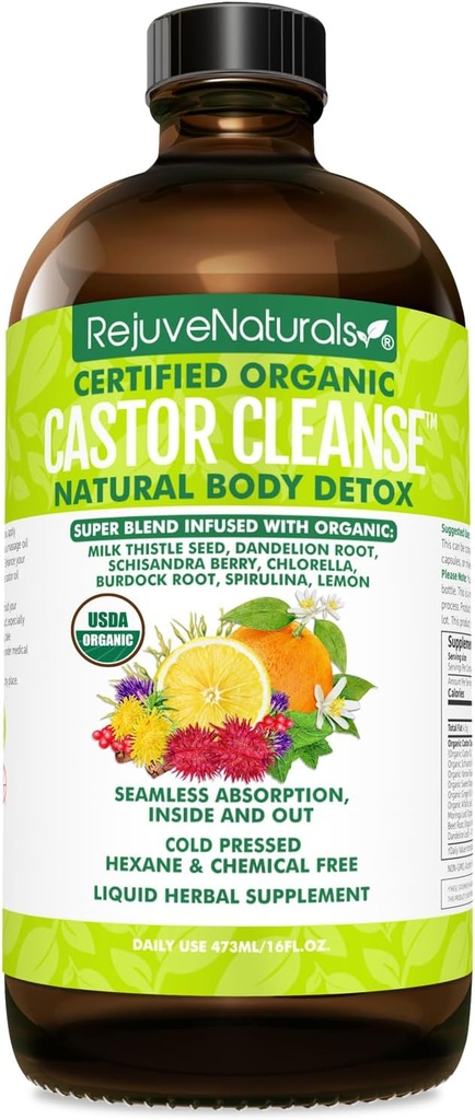 RejuveNaturals Castor Cleanse ™ - USDA Organic Castor Oil, Chlorella, Spirulina, Roots & Greens for Wellness, Digestic Support, Daily Balance.