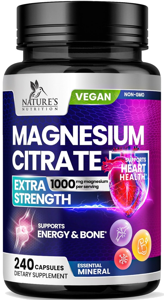 Magnesium Citrat Ergänzung Pillen 1000mg - 3X Stärke Magnesium Ergänzungen für Knochen, Muskel, Herz, Natur Schlaf Unterstützung für Männer & Frauen, Vegan Mag Mineral, Non-GMO, Bottled in USA, 240 Kapseln