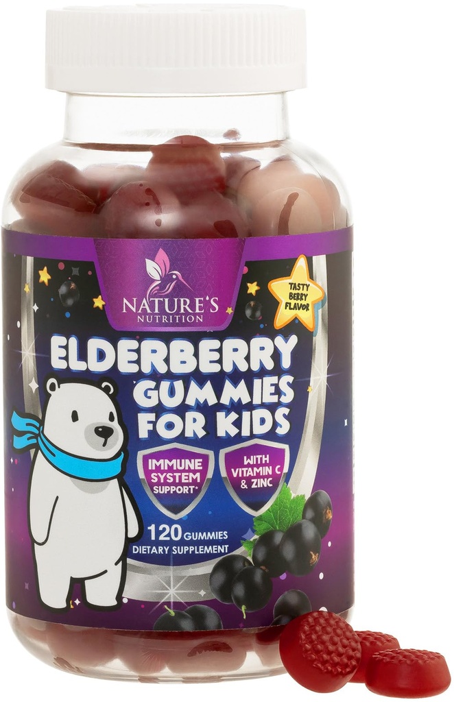 Kinder Immununterstützung Elderberry Gummies - Tägliche Kinder Vitamine C, Zink & Kinder Immunität Unterstützung Gummy - Nature's Sambucus Elderberry Supplement, Vegan, Glutenfrei, Tasty Berry Flavor - 120 Gummies