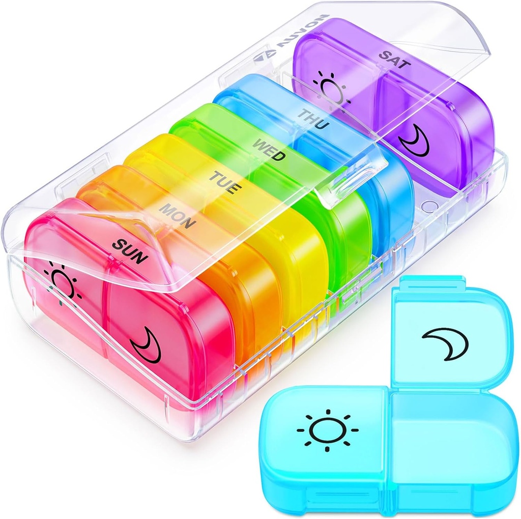 AUVON XL Weekly Pill Organizer 2 Times a Day with Large Opening for Easy Filling, AM PM Pill Box 7 Day in Rainbow Colors, Portable Travel Pill Case for Medication, Vitamins, Fish Oils, Supplements