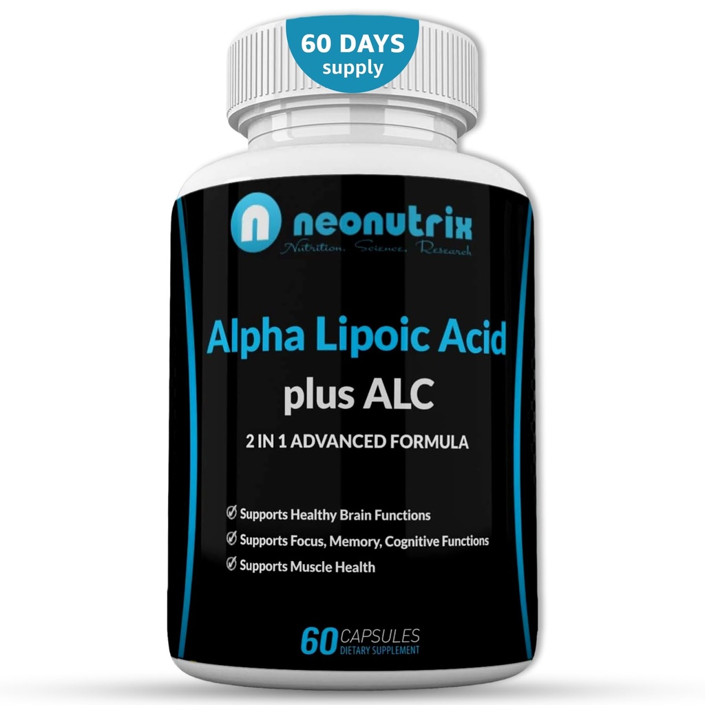Alpha Lipoic Acid Plus Acetyl L-Carnitin Antioxidans Ergänzung ALA ALC für gesunde Gehirn Funktion & Muskelkraft, Fokus, Memory & Cognitive Funktion für Frauen & Männer - 60 Kapseln von Neonutrix