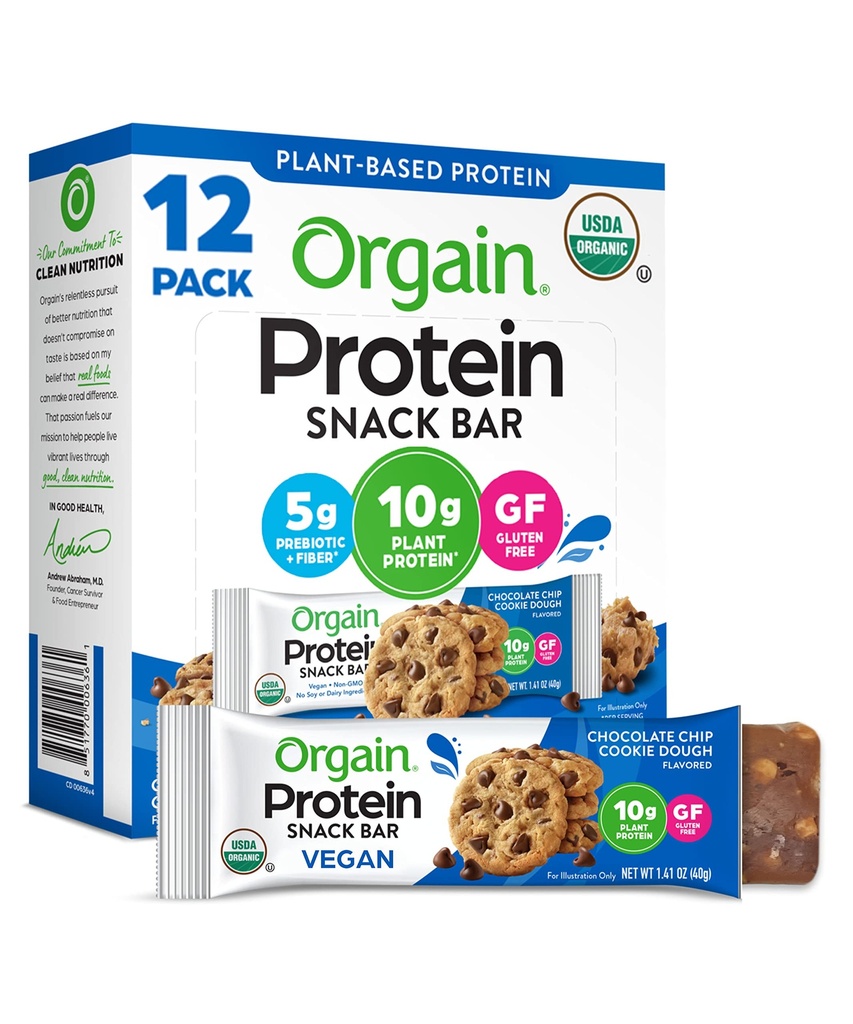 Orgain Organic Vegan Proteinriegel, Schokolade Chip Cookie Teig - 10g pflanzliches Protein, kalorienarme gesunde Snacks, keine Laktose oder Soja Zutaten, glutenfrei, Nicht-GVO - 1,41 Oz (Paket von 12)