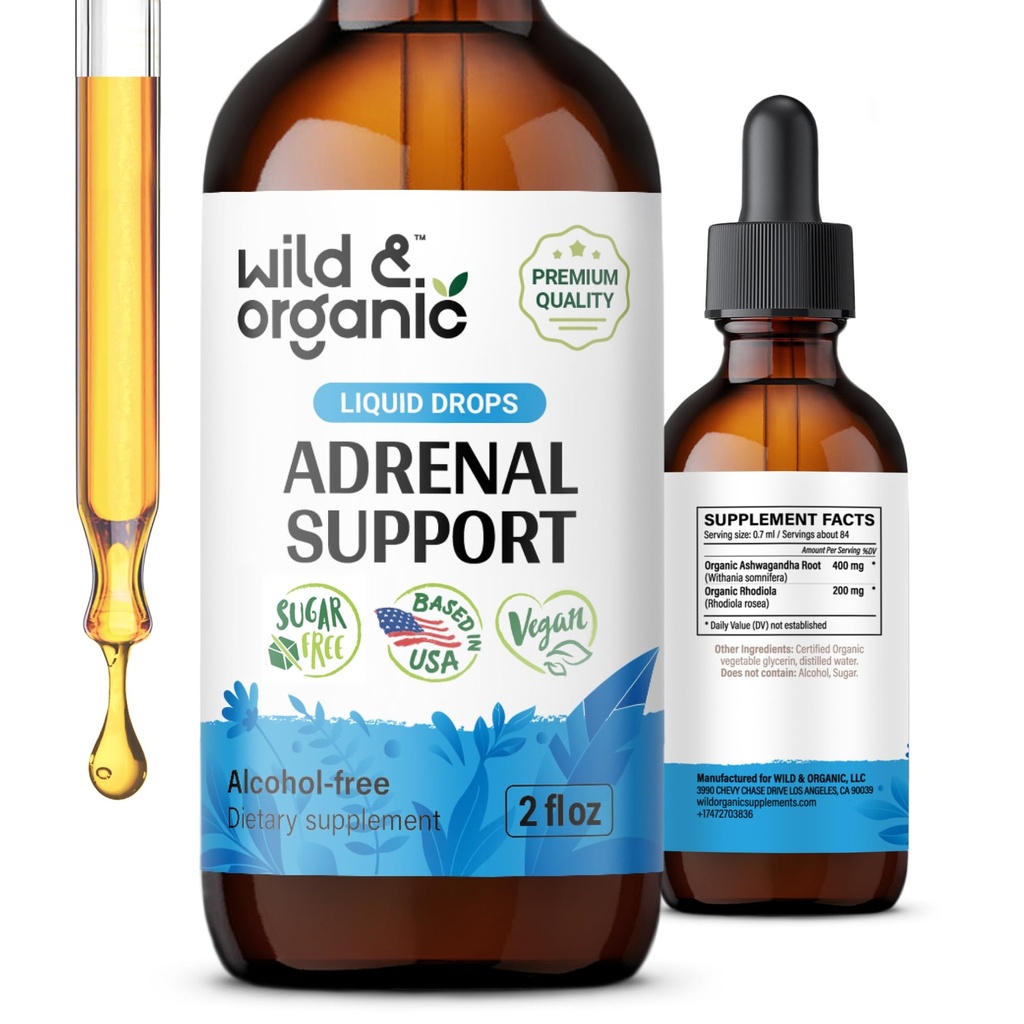 Wild & Organic Adrenal Support Tinkture for Positive Outlook - Addrenal Complex with Ashwagandha, Rhodiola Rosea Root - 1- hónap Supply - Vegan, No Sugar & Cool - 2 fl oz