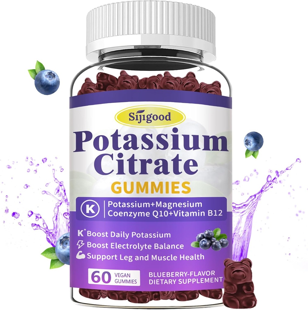 Kálium citrát gumik - Kálium kiegészítés az izom egészség, Leg Cramp Relief & Electrolyte Balance, Vegan, Non-GMO, gluténmentes, Áfonya aroma, 60 gróf