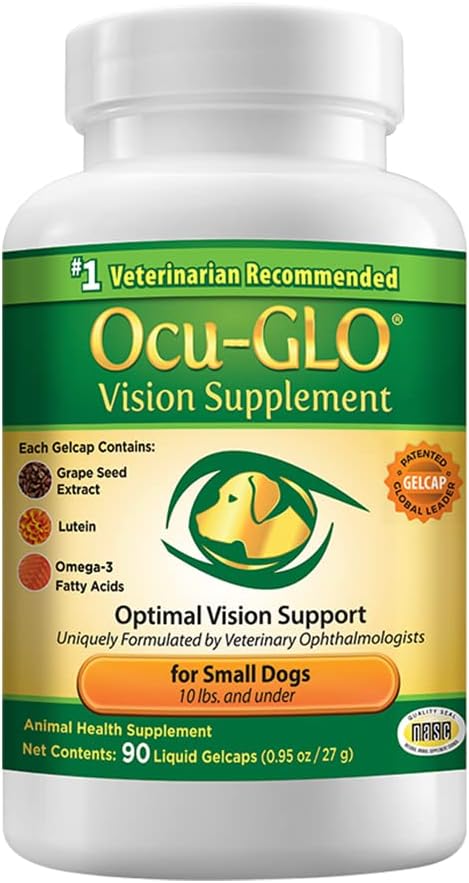 Ocu- GLO Vision Supplement for Small Dogs - Lutein, Omega3 Fatty acids, Grapeseed Extract - Support Optimal Eye Health & Vision in Dogs - Antioxidants for Canine Ocular Health - 90ct SNIP CAPS