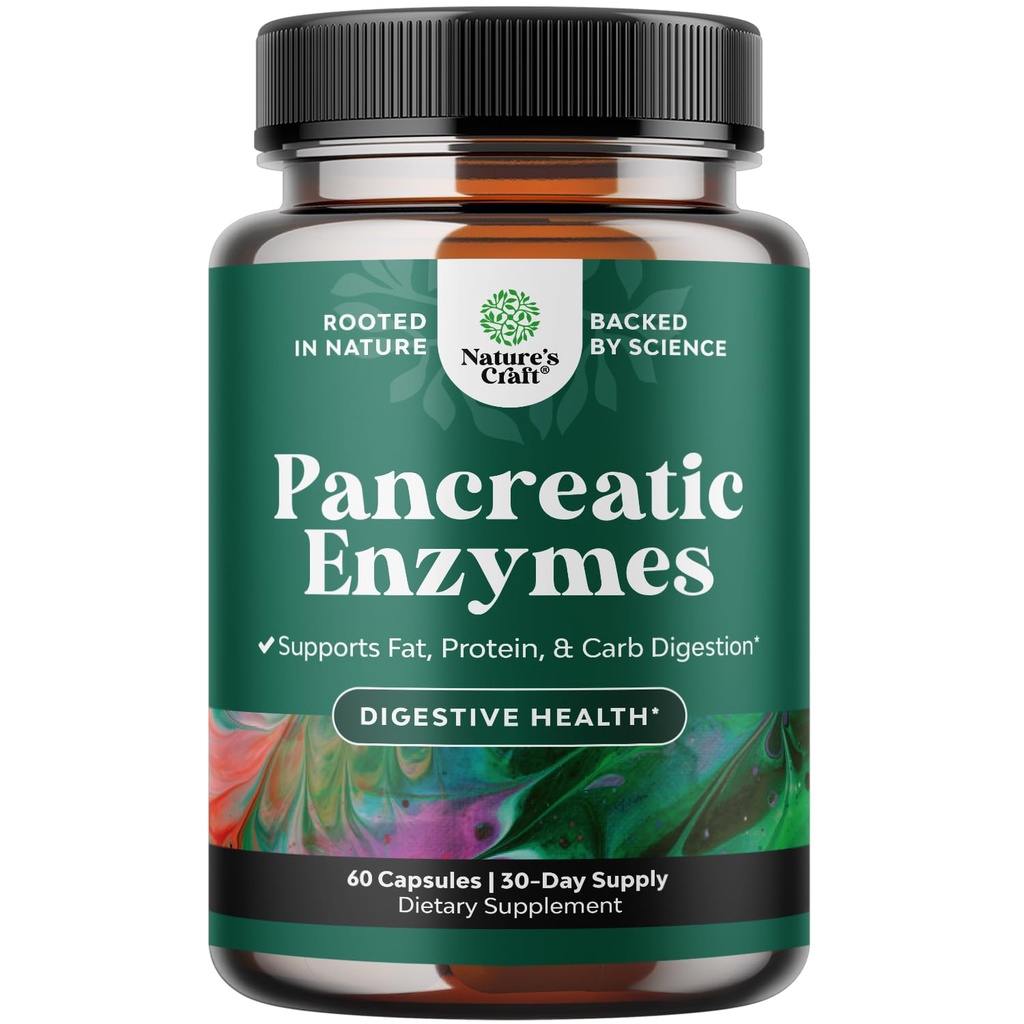 Pancreatin Verdauungsenzyme Verdauung für Gutgesundheit - Pankreatische Verdauungsenzyme für Frauen und Männer mit Protease, Lipase & Amylase - Bloating, Stomach Health, Fat, Carb & Protein - 60 Count