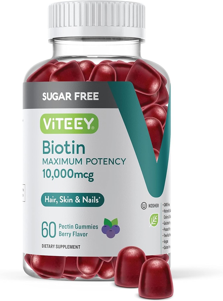 Viteey Biotin Gummis für Haar, Haut, und Nägel 10.000mcg - Sugar Free - Haarwachstum Gummis, Gesunde Haut Glow, Strong Gesunde Nagelwachstum - Vegan, Glutenfrei, Gelatin Free Tasty Berry Flavor