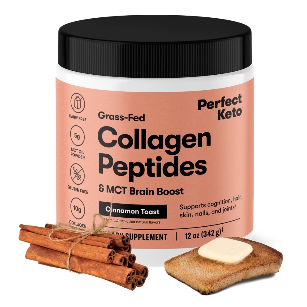 Perfect Keto Collagen Peptides Protein Pulver mit MCT Öl, hydrolysiertes Kollagen, Typ I & III Supplement, Glutenfreies Gras Fed, Low Carb, Keto Coffee Creamer, Kollagen für Frauen & Männer, Cinnamon Toast