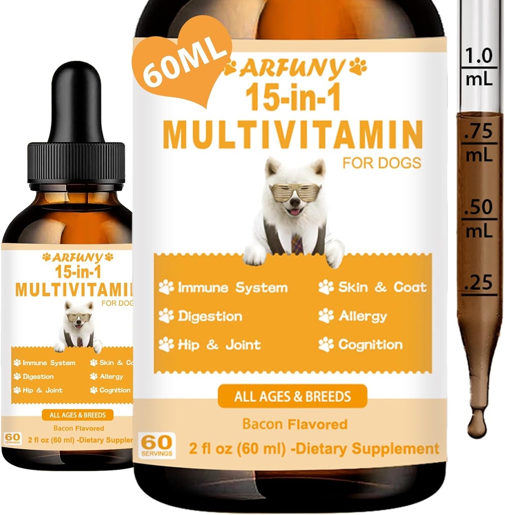 15 in 1 Multivitamin für Hunde - Dog Multivitamin Liquid Support Joint, Gut & Immune Health - Canine Digestion, Herz, Haut und Mantel Gesundheit - Vitamin-Ergänzungen für Welpen - Bacon Flavor