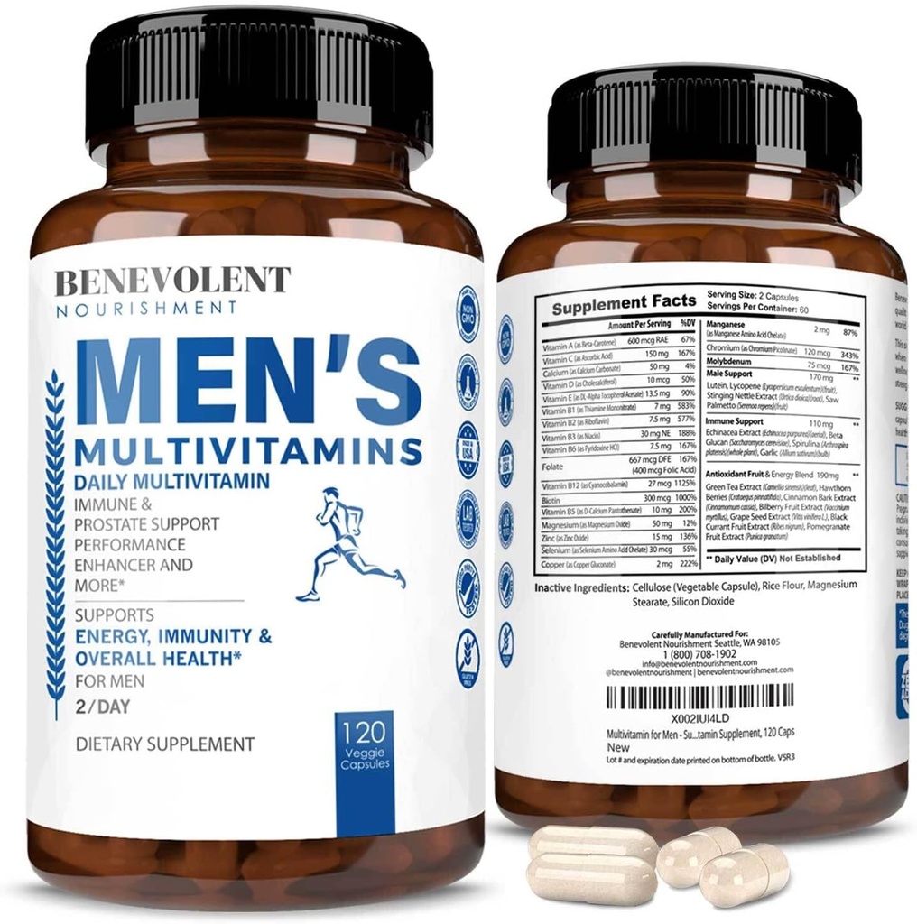 Benevolent Nourishment Multivitamin für Männer - Unterstützt Energie & Gesamtgesundheit - Essential Daily Vitamins for Men, Biotin, Magnesium, Zink & Antioxidant für Immungesundheit - Non-GMO,120 Caps