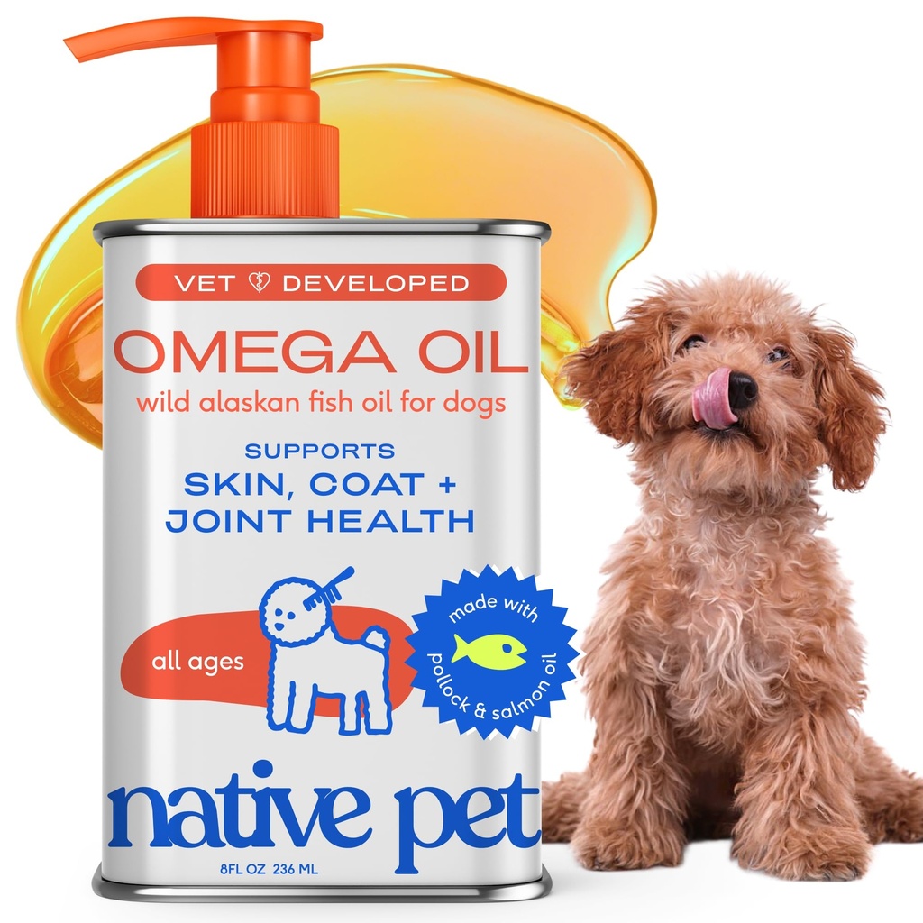 Native Pet Omega 3 Fish Oil for Dogs & Cats – Wild Alaskan Salmon Oil for Dogs Skin and Coat, Supports Joints, Heart & Shedding – Fast-Absorbing Omega 3 6 9 Liquid Supplement – 8oz