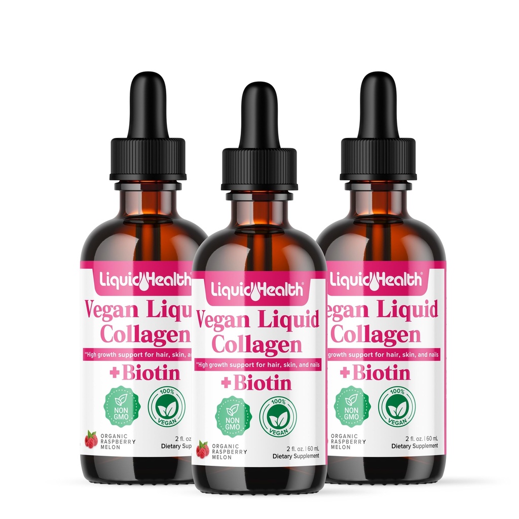 LIQUIDHEALTH 100% Vegan Collagen Plus Biotin 100.000mcg Flüssigkeitstropfen - Pflanzenbasierte flüssiges Kollagen für Damen und Herren - Haar- und Nagelwachstum, Hautgesundheit, steigert Stoffwechsel - Made in USA, Non-GMO (3 Pack)