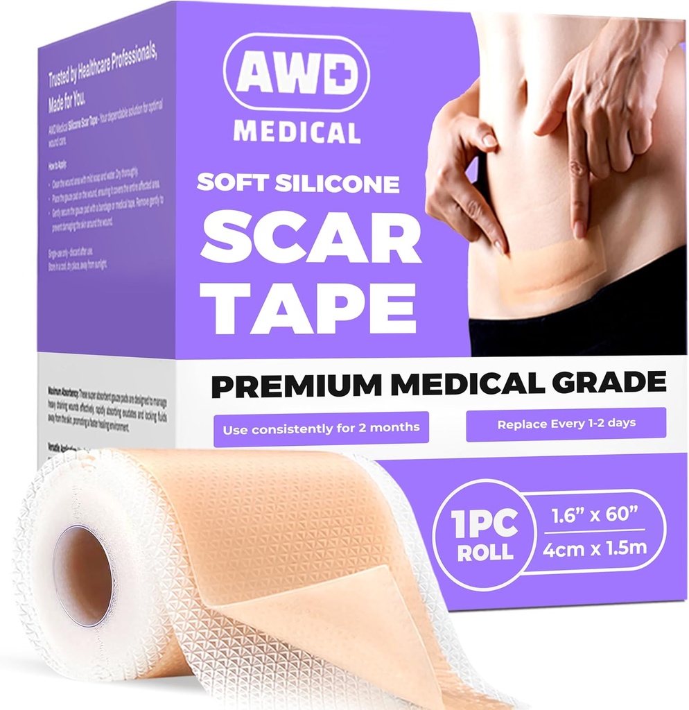 AWD Silicone Scar Sheets for Surgical Scars - Seamless Medical Grade Silicone Scar Tape for C Section, Tummy Tuck Tape - Silicone Skin Patches After Surgery must Haves (1.6 "x 60" Seamless Roll)