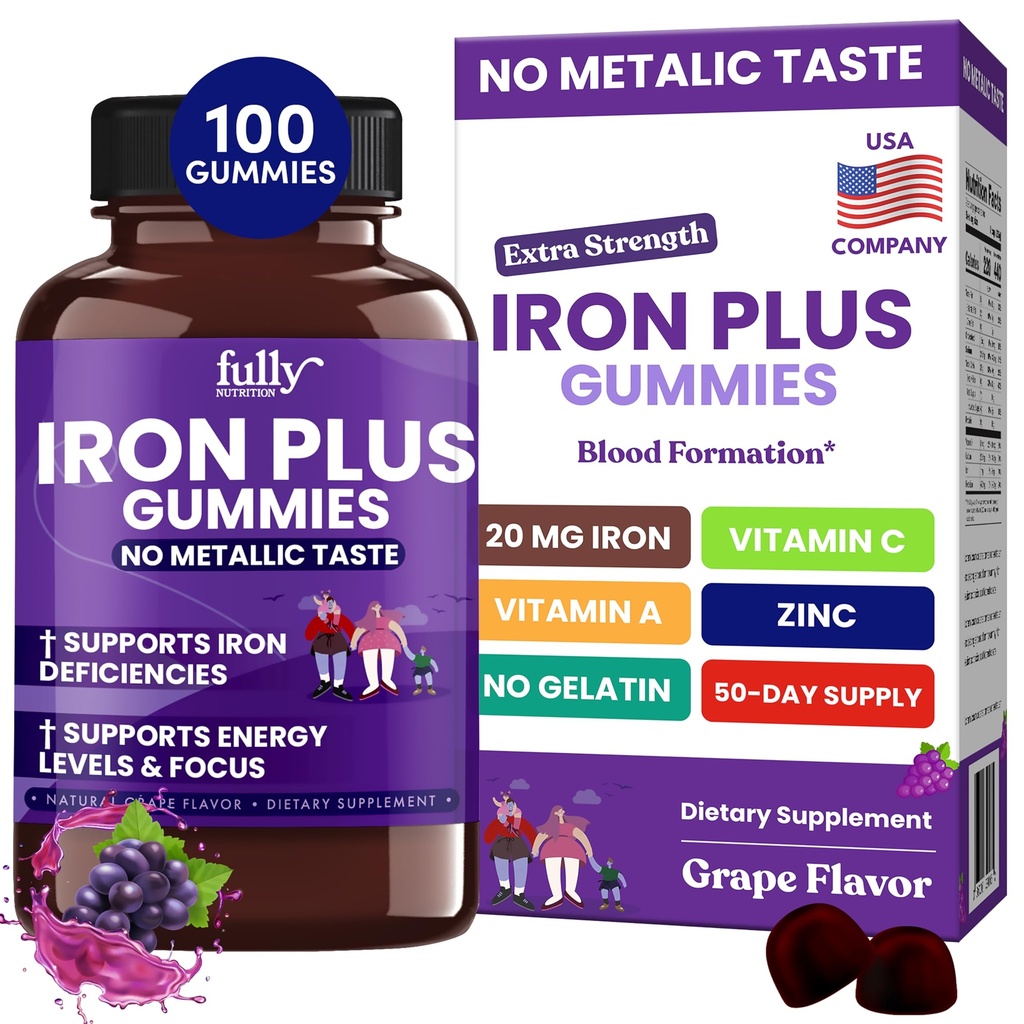 Eisengummis Ergänzungen für Frauen, Männer und Kinder – Gesundheit Blut & Energie Unterstützung für Eisenmangel, Anämie, Nein nach Geschmack- Frische Trauben Flavor- 100 Gummie (50 Tage Versorgung)
