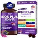 Eisengummis Ergänzungen für Frauen, Männer und Kinder – Gesundheit Blut & Energie Unterstützung für Eisenmangel, Anämie, Nein nach Geschmack- Frische Trauben Flavor- 100 Gummie (50 Tage Versorgung)