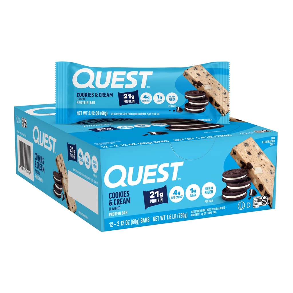 Quest Nutrition Cookie & Cream Protein Bars, 21g Protein, 1g Sugar, 4g Net Carb, Gluten Free, Keto Friendly, 12 Count