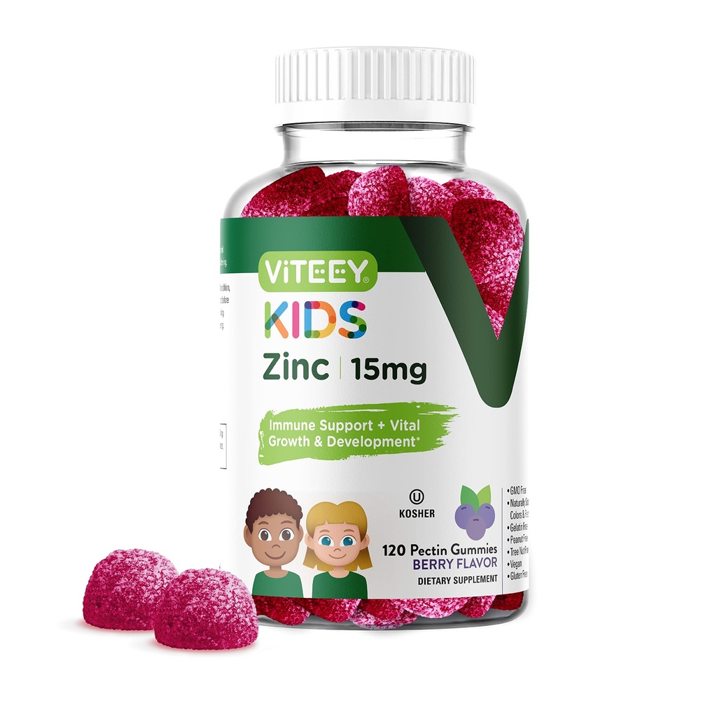 Viteey Zink für Kinder Gummi 15mg - Immununterstützung für Kinder & Jugendliche - Leistungsstarke natürliche Antioxidationsmittel, Kinder Zink Vitamin Supplement - Vegan, Gelatin kostenlos, Glutenfrei - Tasty Chewable Berry Flavor Gummy