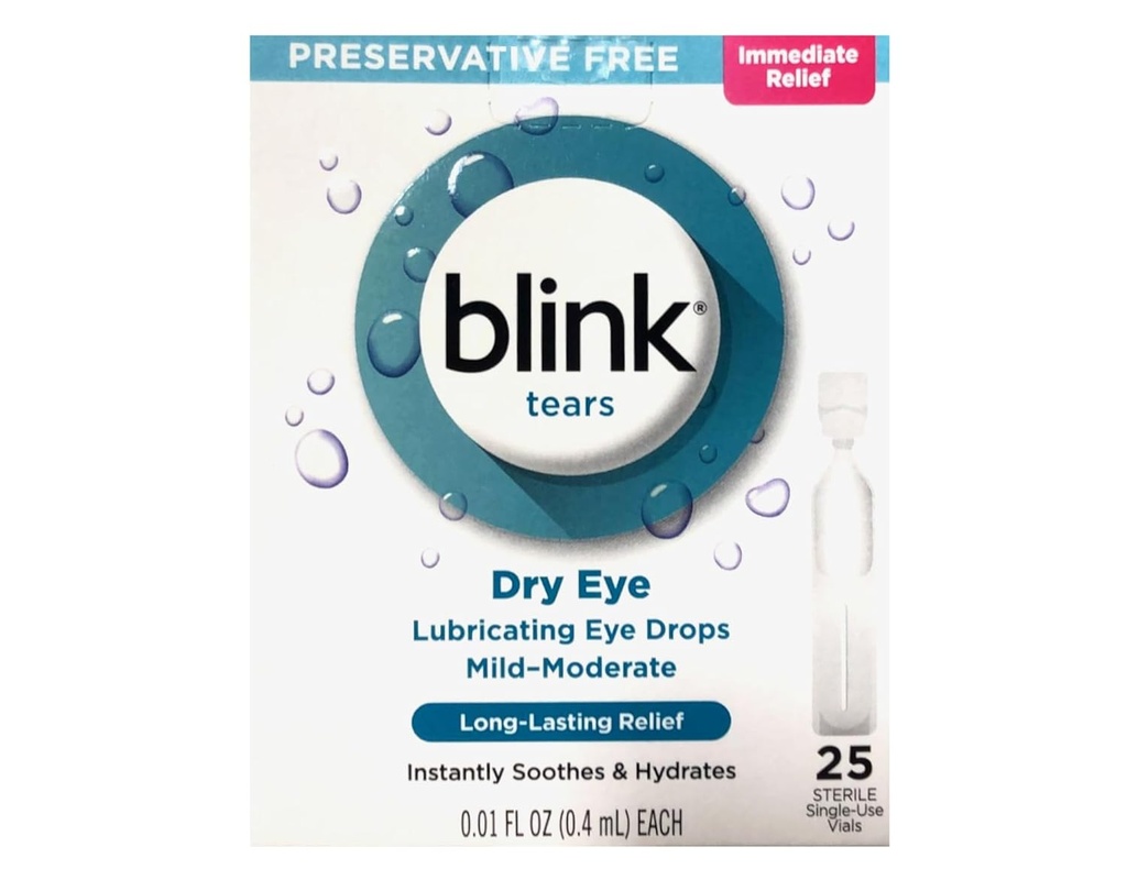 BLINK Könnycseppek a száraz szemek számára, tartósítószer ingyenes Kenőszer Szemcseppek, Steril egyszeri felhasználású injekciós üvegek, Enyhe vagy mérsékelt száraz szem tünetmentesítő, 25 Count, 0,01 fl oz injekciós üvegek