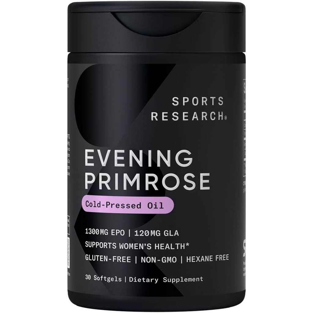Sports Research Evening Primrose Supplement aus Kaltgepresstem Öl - Softgels für Frauen Gesundheit & Haut Gesundheit - Gluten Free & Non-GMO GLA - Hohe Potenz 1300mg, 30 Count